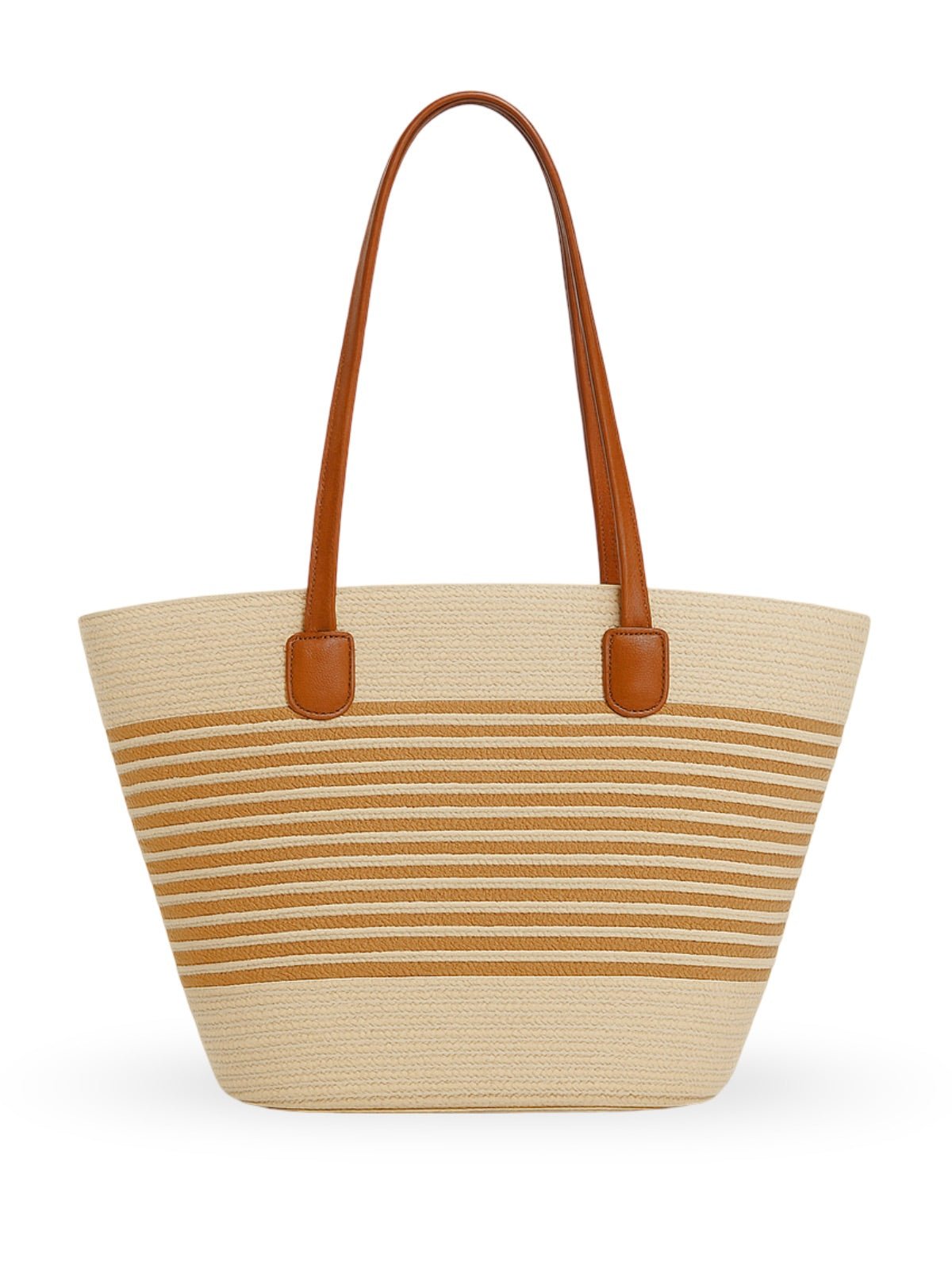 Sac de plage en raphia tressée, grande contenance, fermeture zippée, poignées longues, style tote bag, vacances au soleil, modèle Yema - Sac de plage - Beige et camel