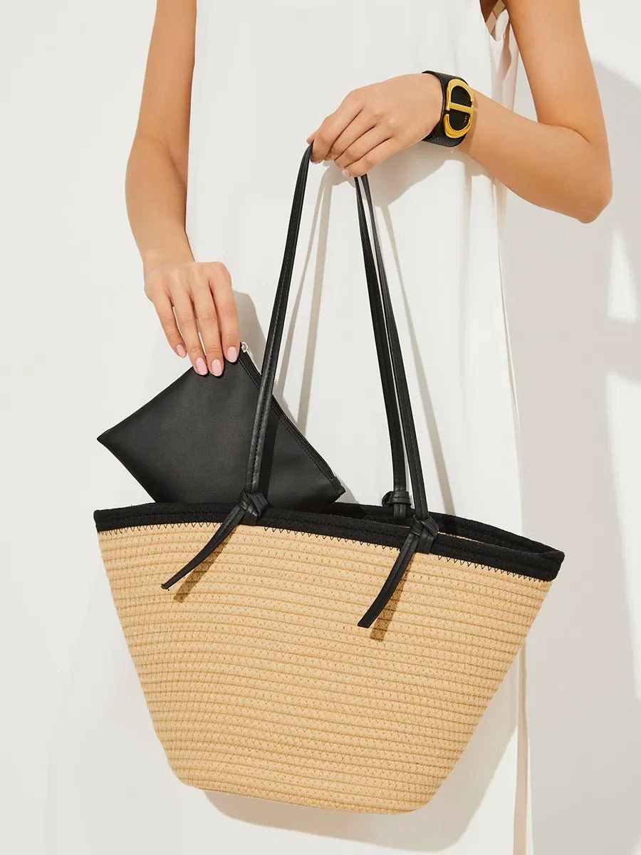 Sac de plage pour femme, cabas d'été, panier tressé, porté épaule, tote bag de vacances, modèle Marie - Sac de plage - Beige