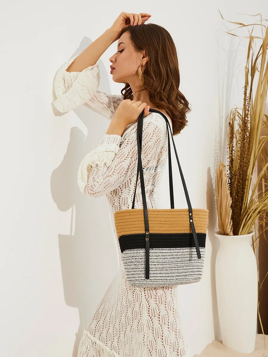 Sac de plage pour femme, en coton tressé, grand sac été, motif à rayure, grand espace, modèle Julianne - Sac de plage - Tricolore