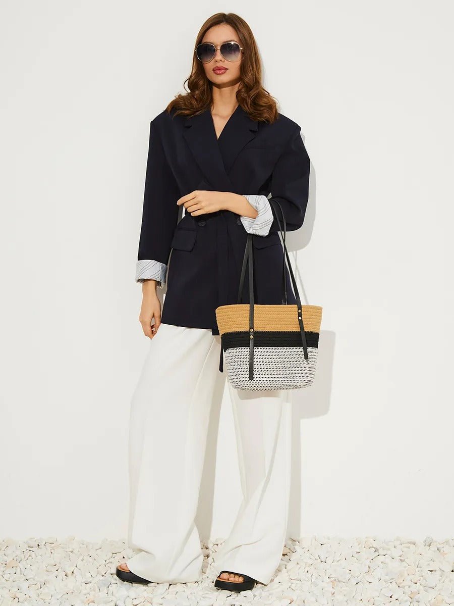 Sac de plage pour femme, en coton tressé, grand sac été, motif à rayure, grand espace, modèle Julianne - Sac de plage - Tricolore