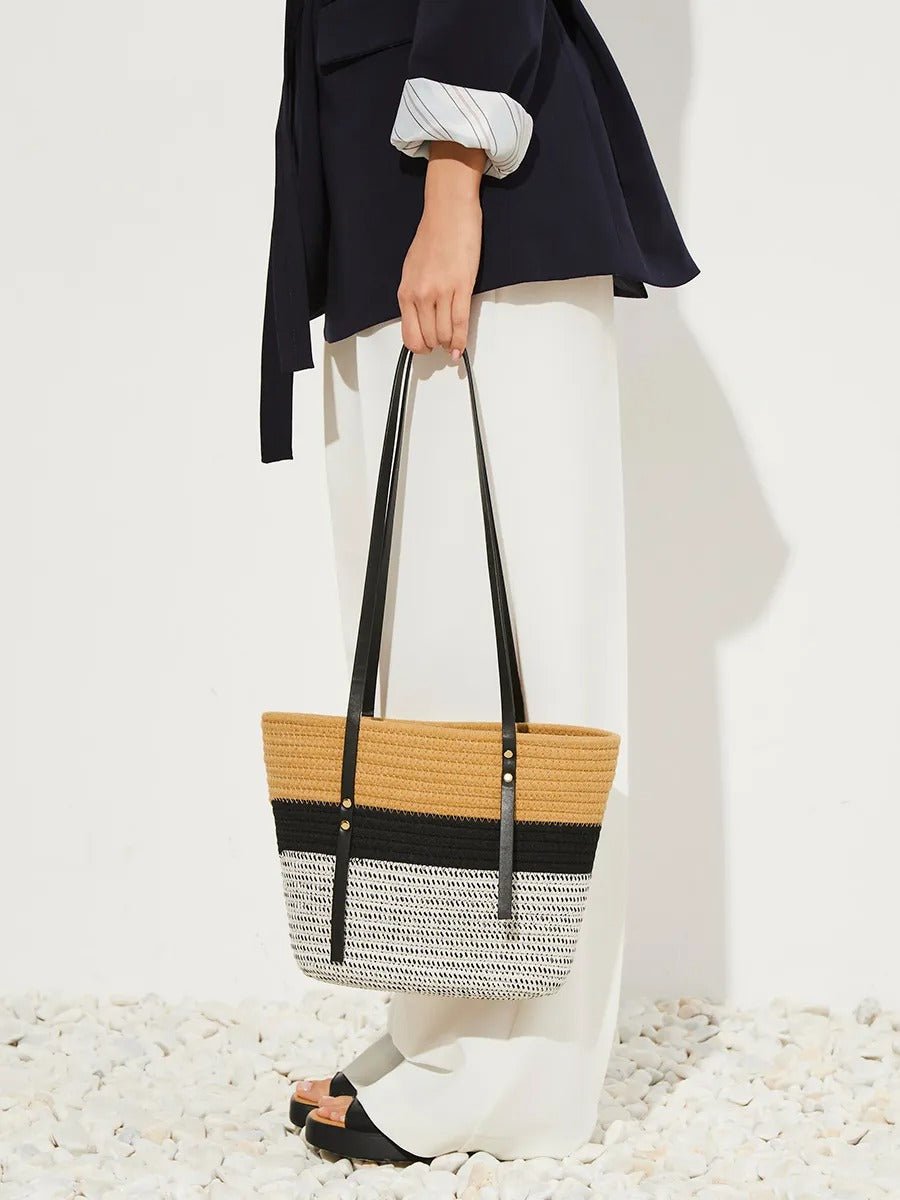 Sac de plage pour femme, en coton tressé, grand sac été, motif à rayure, grand espace, modèle Julianne - Sac de plage - Tricolore