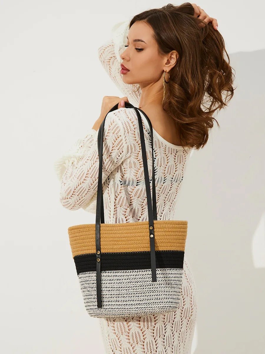 Sac de plage pour femme, en coton tressé, grand sac été, motif à rayure, grand espace, modèle Julianne - Sac de plage - Tricolore