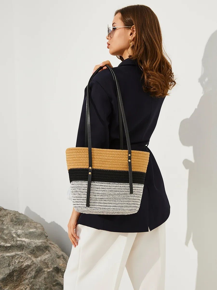Sac de plage pour femme, en coton tressé, grand sac été, motif à rayure, grand espace, modèle Julianne - Sac de plage - Tricolore