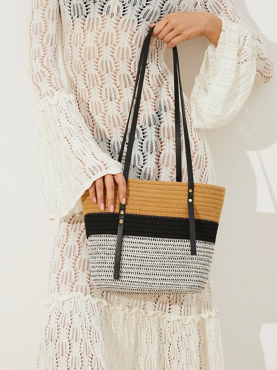 Sac de plage pour femme, en coton tressé, grand sac été, motif à rayure, grand espace, modèle Julianne - Sac de plage - Tricolore