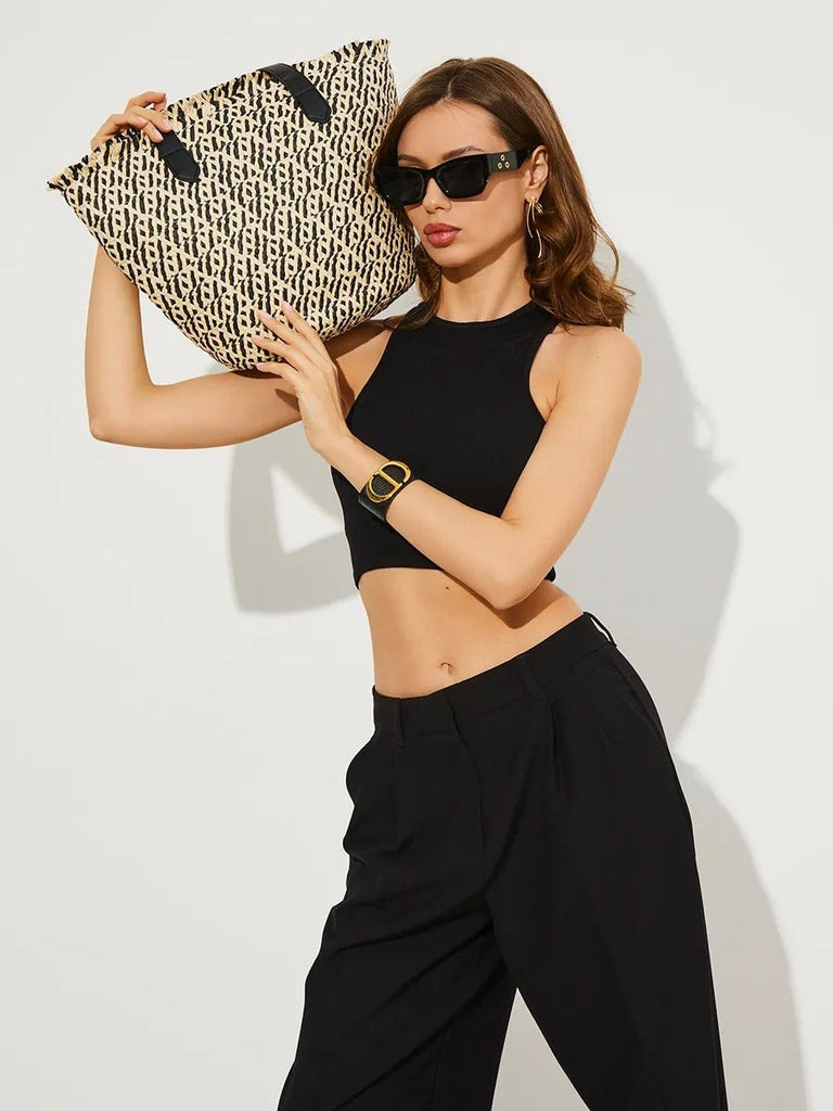 Sac de plage pour femme, grand cabas d'été à paille, sac épaule léger, panier tressé chic style tote bag, modèle Céline - Sac de plage - Noir