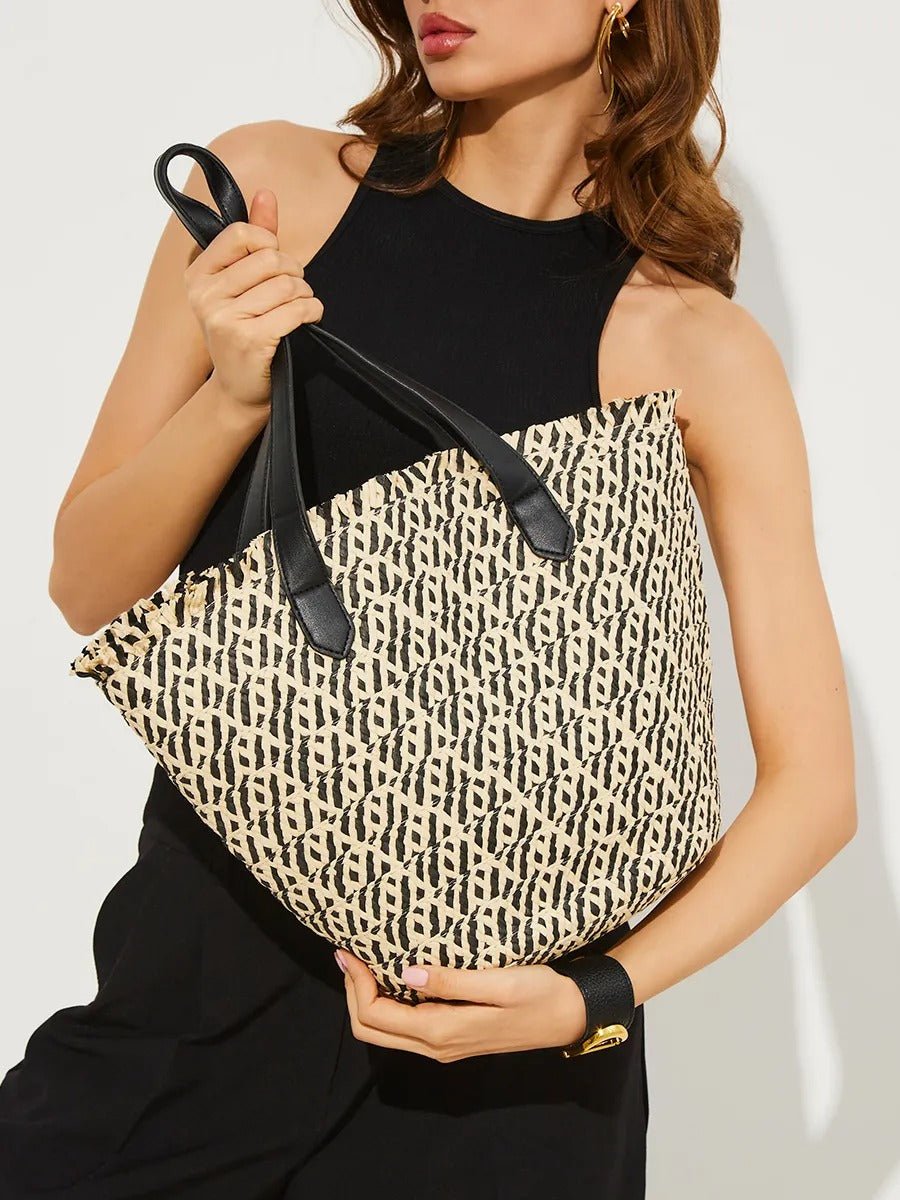 Sac de plage pour femme, grand cabas d'été à paille, sac épaule léger, panier tressé chic style tote bag, modèle Céline - Sac de plage - Noir