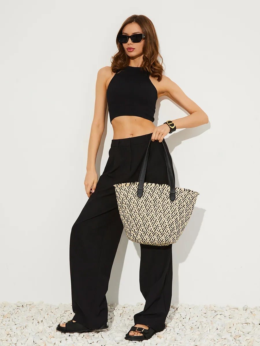 Sac de plage pour femme, grand cabas d'été à paille, sac épaule léger, panier tressé chic style tote bag, modèle Céline - Sac de plage - Noir