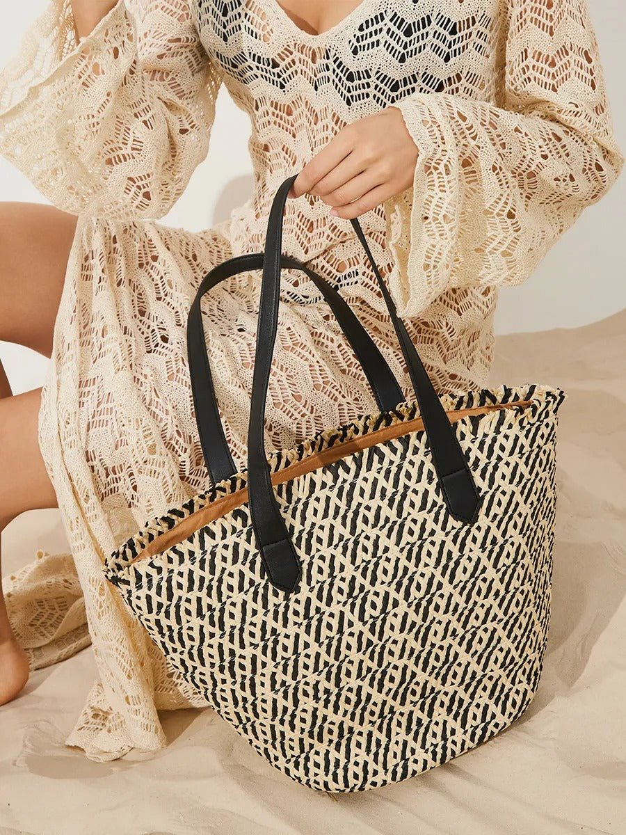 Sac de plage pour femme, grand cabas d'été à paille, sac épaule léger, panier tressé chic style tote bag, modèle Céline - Sac de plage - Noir