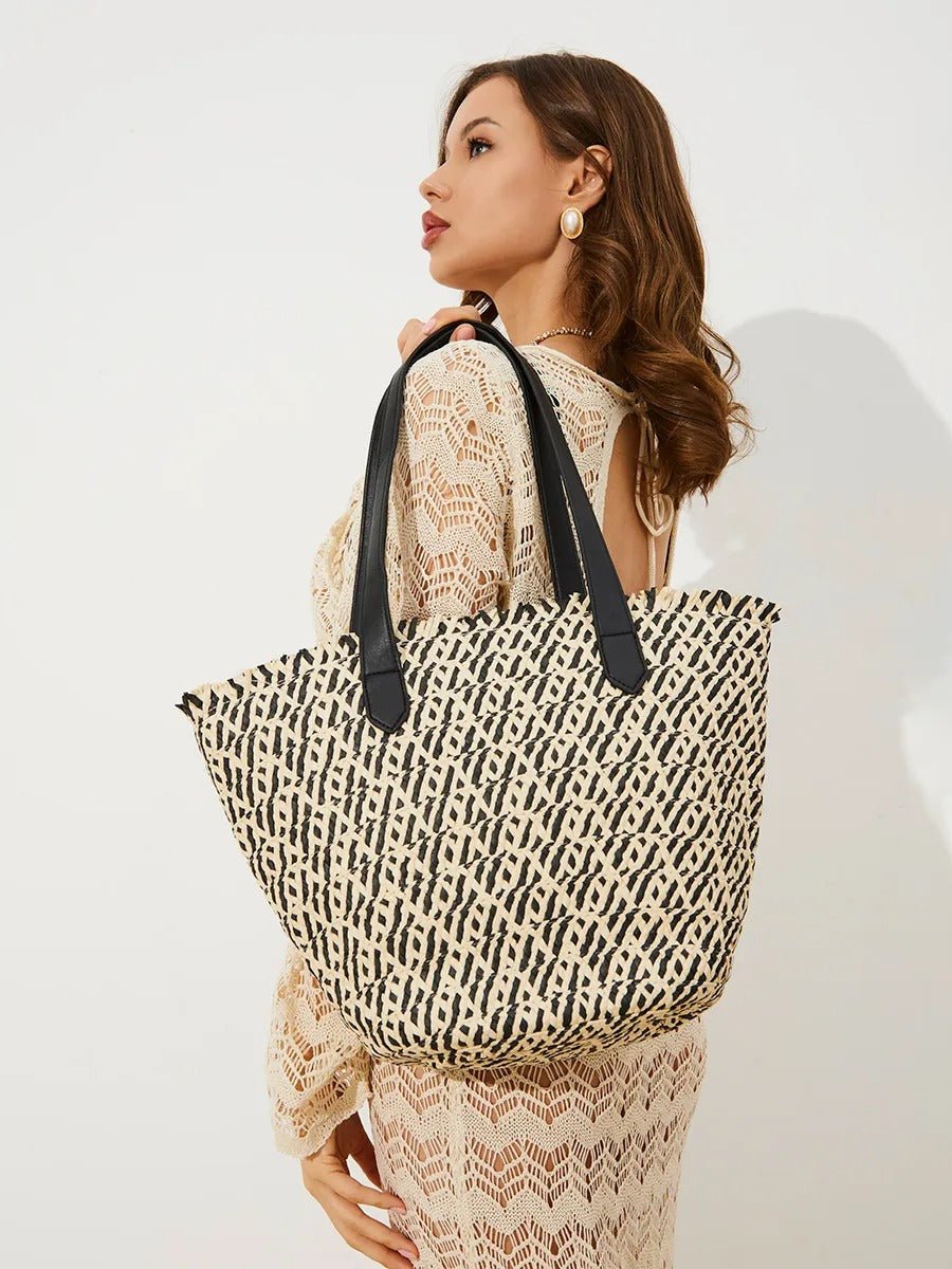 Sac de plage pour femme, grand cabas d'été à paille, sac épaule léger, panier tressé chic style tote bag, modèle Céline - Sac de plage - Noir