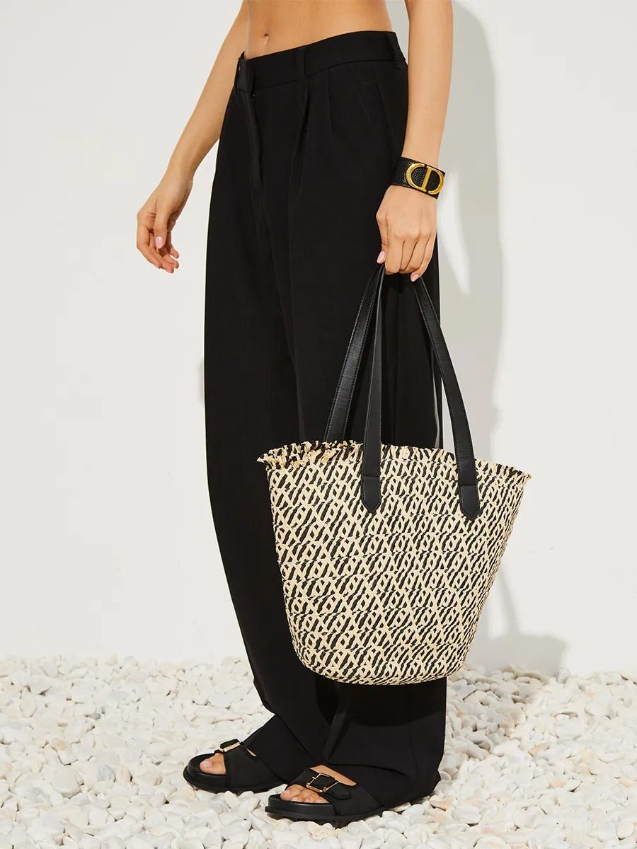 Sac de plage pour femme, grand cabas d'été à paille, sac épaule léger, panier tressé chic style tote bag, modèle Céline - Sac de plage - Noir