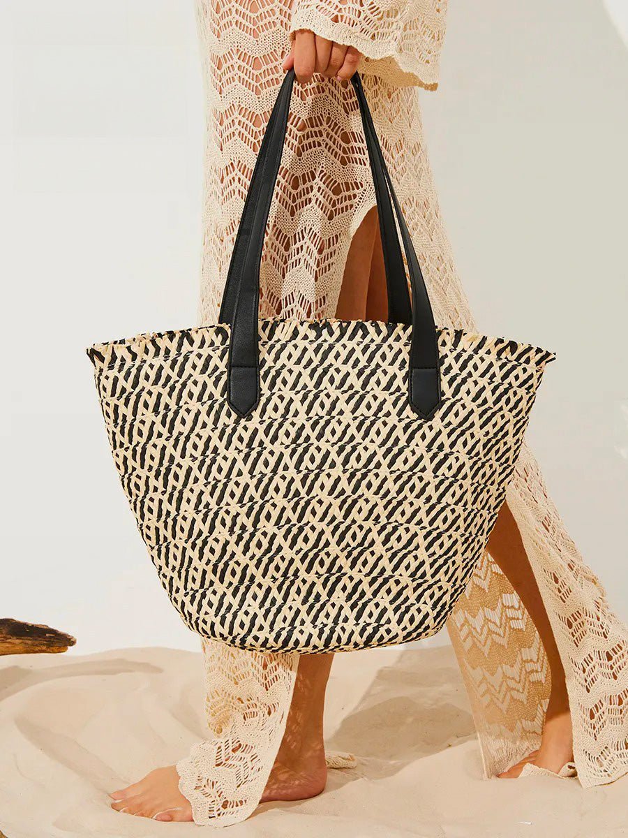 Sac de plage pour femme, grand cabas d'été à paille, sac épaule léger, panier tressé chic style tote bag, modèle Céline - Sac de plage - Noir