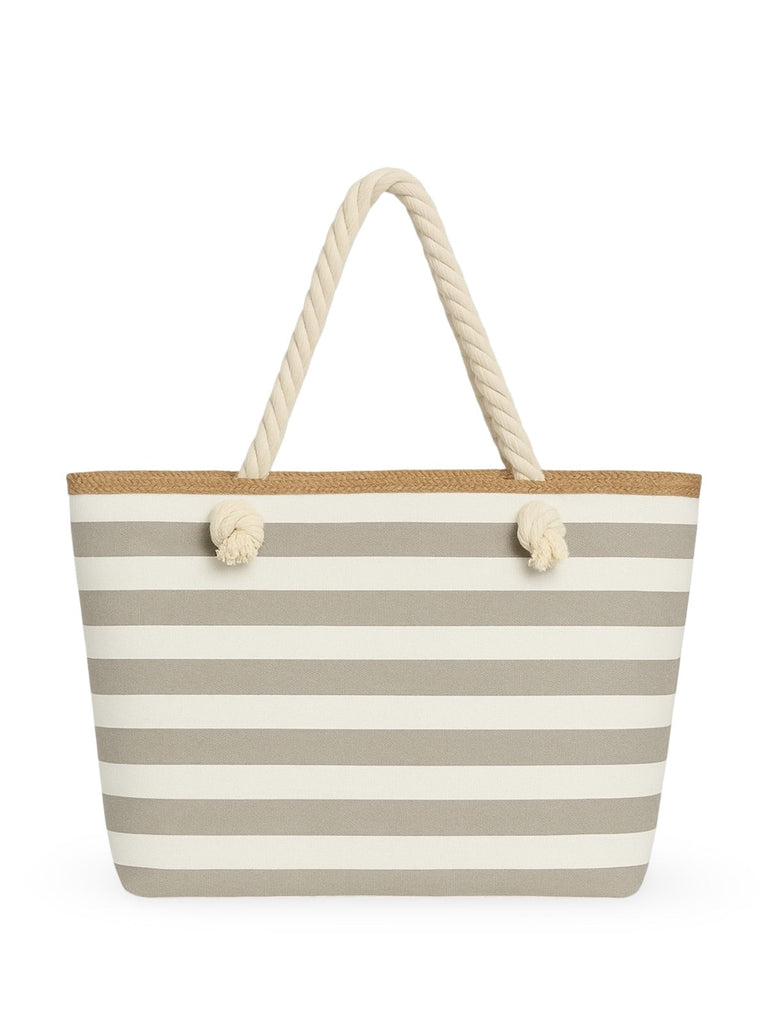 Sac de plage rayé en toile, marin corde, cabas estival coton, grand sac femme été, tote bag rayures bord de mer, modèle Éline - Sac de plage - Gris