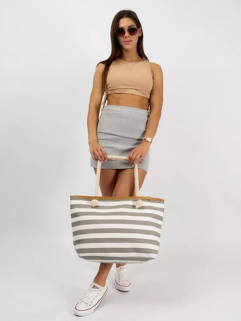 Sac de plage rayé en toile, marin corde, cabas estival coton, grand sac femme été, tote bag rayures bord de mer, modèle Éline - Sac de plage - Gris