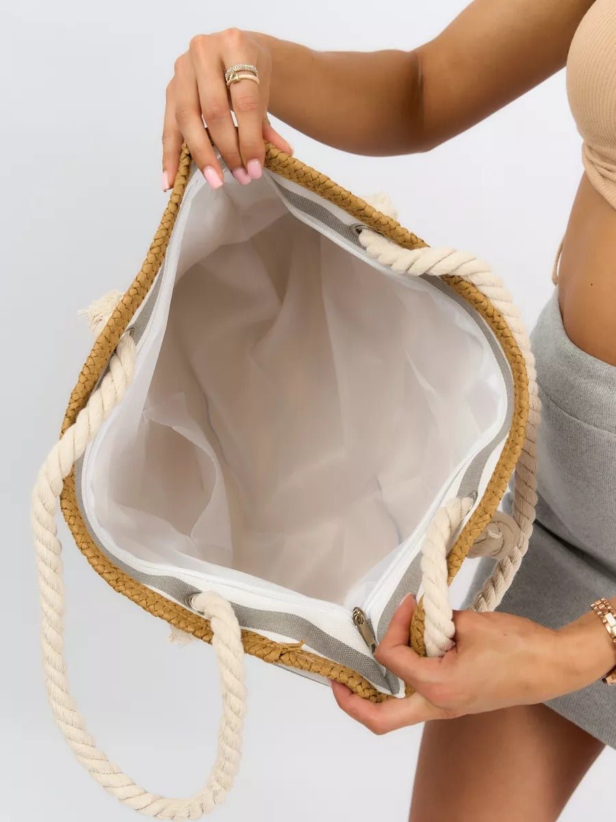 Sac de plage rayé en toile, marin corde, cabas estival coton, grand sac femme été, tote bag rayures bord de mer, modèle Éline - Sac de plage - Gris