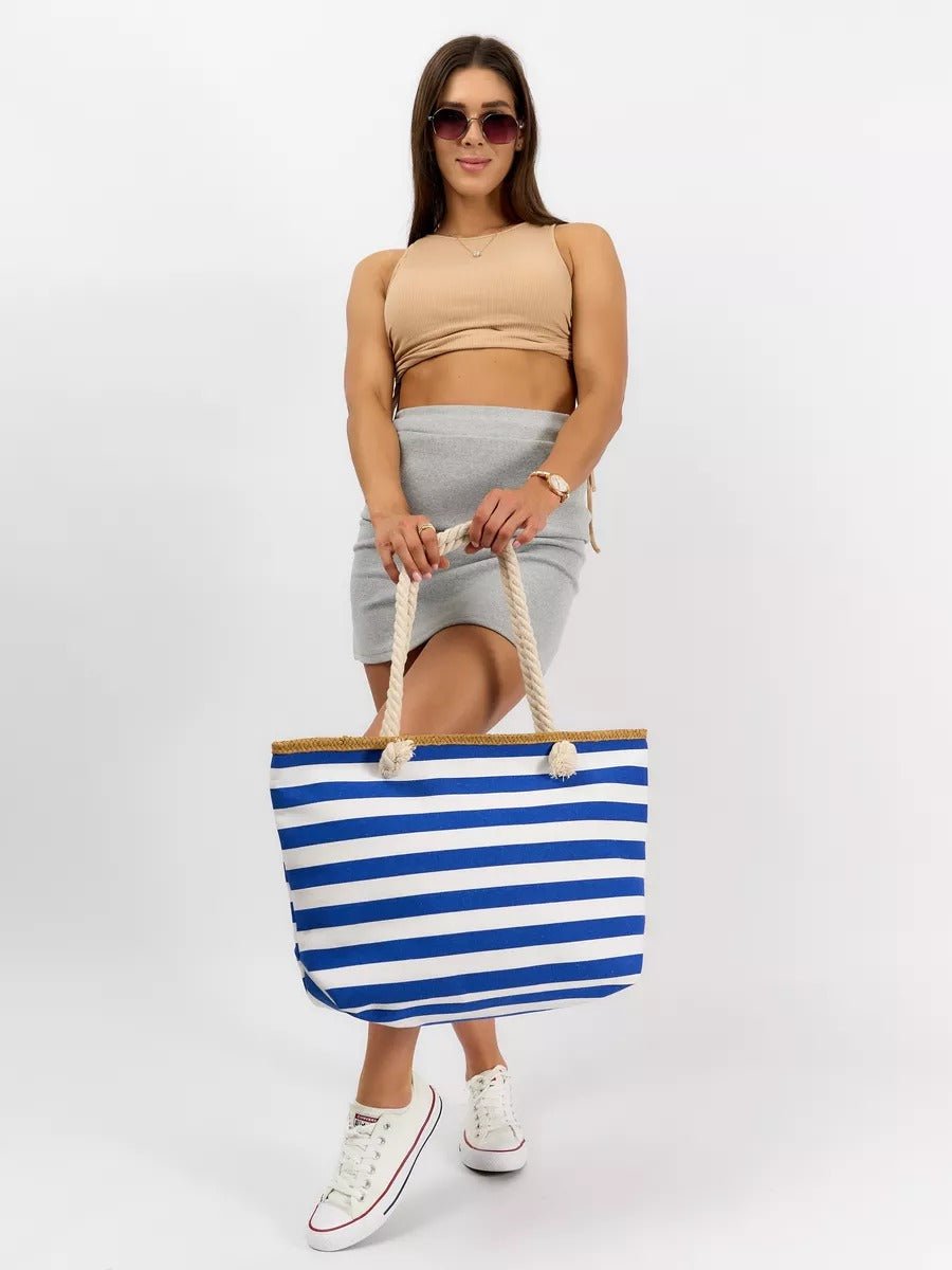 Sac de plage rayé en toile, marin corde, cabas estival coton, grand sac femme été, tote bag rayures bord de mer, modèle Éline - Sac de plage - Bleu