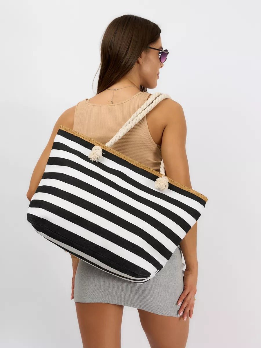 Sac de plage rayé en toile, marin corde, cabas estival coton, grand sac femme été, tote bag rayures bord de mer, modèle Éline - Sac de plage - Noir