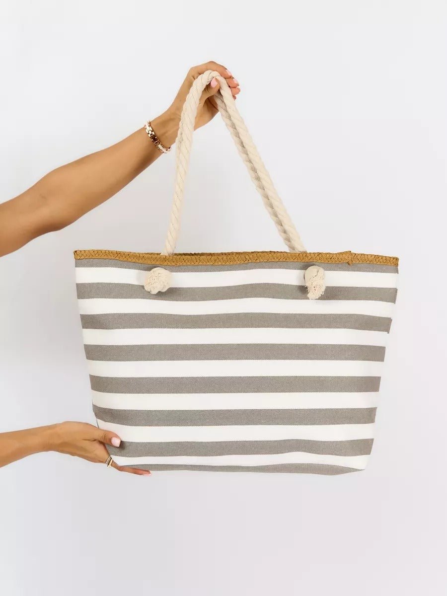 Sac de plage rayé en toile, marin corde, cabas estival coton, grand sac femme été, tote bag rayures bord de mer, modèle Éline - Sac de plage - Gris