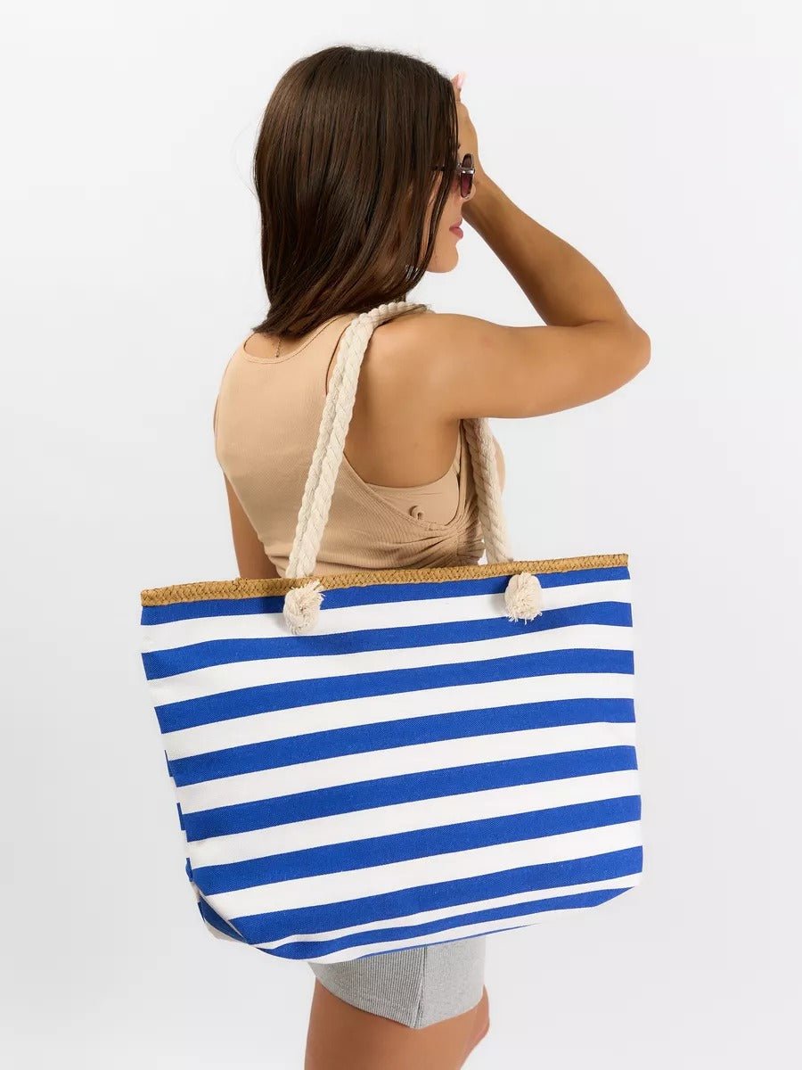 Sac de plage rayé en toile, marin corde, cabas estival coton, grand sac femme été, tote bag rayures bord de mer, modèle Éline - Sac de plage - Bleu