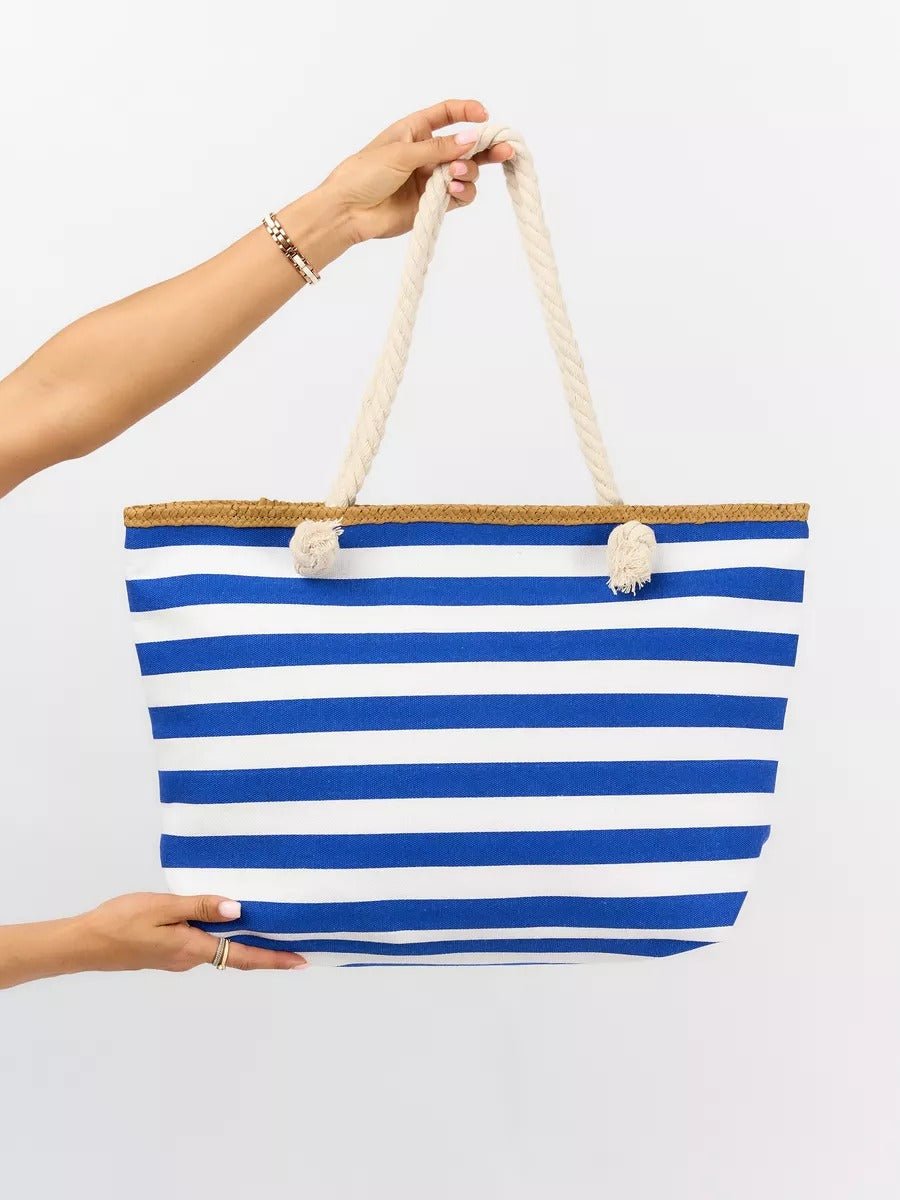 Sac de plage rayé en toile, marin corde, cabas estival coton, grand sac femme été, tote bag rayures bord de mer, modèle Éline - Sac de plage - Bleu