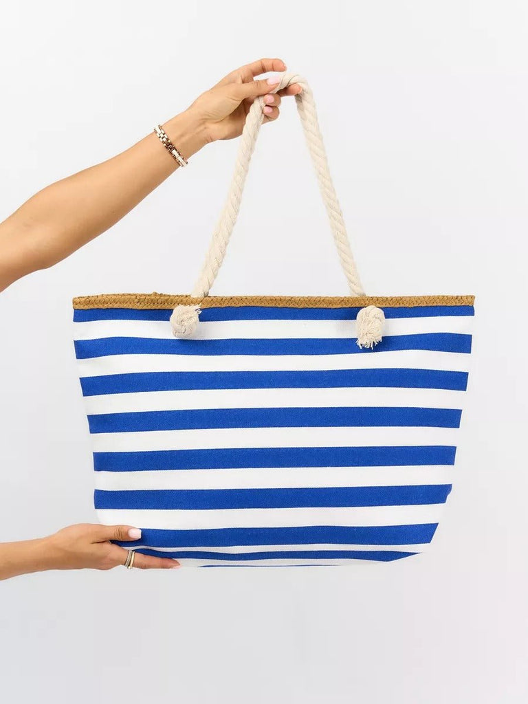 Sac de plage rayé en toile, marin corde, cabas estival coton, grand sac femme été, tote bag rayures bord de mer, modèle Éline - Sac de plage - Bleu