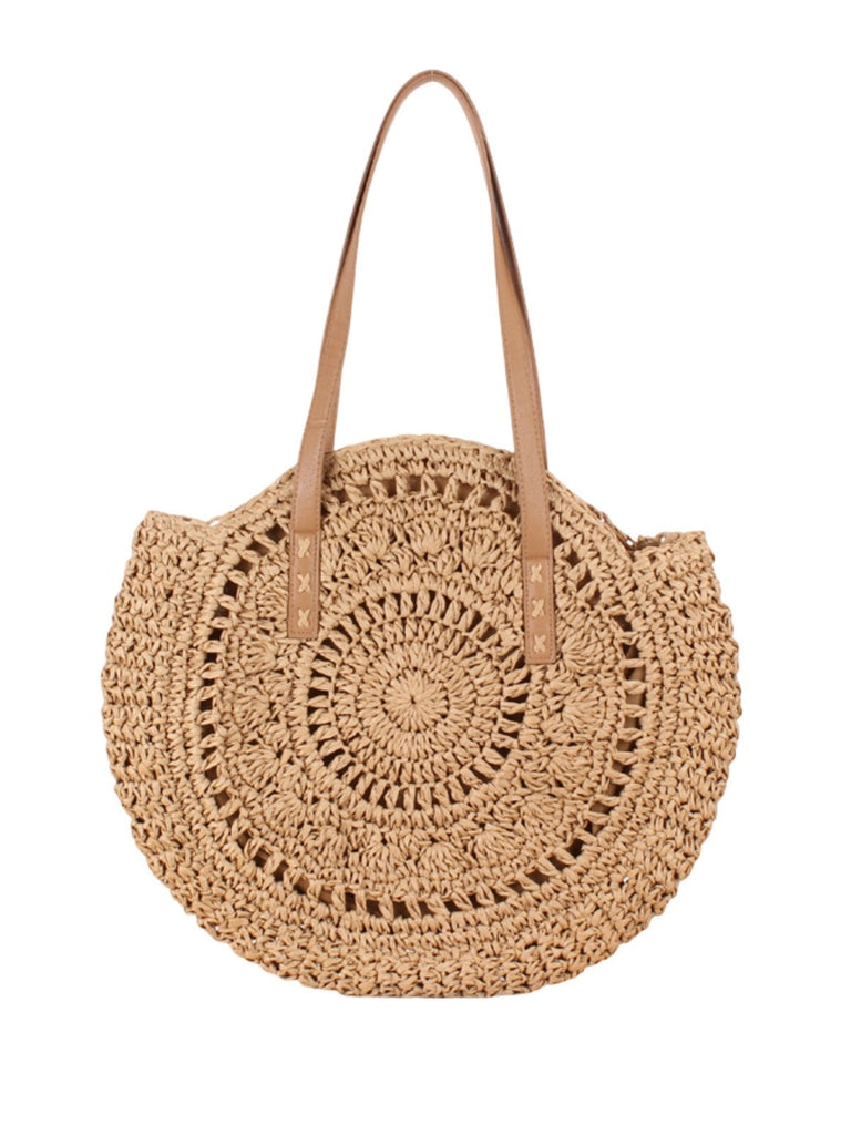 Sac de plage rond raphia, cabas plage bohème, grand sac d'été pour femme, tote - bag de vacances, modèle Gabriella - Sac de plage - Camel