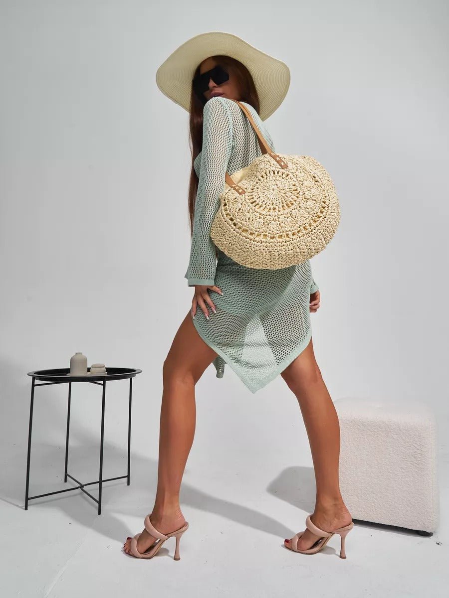 Sac de plage rond raphia, cabas plage bohème, grand sac d'été pour femme, tote - bag de vacances, modèle Gabriella - Sac de plage - Beige