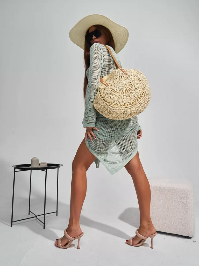 Sac de plage rond raphia, cabas plage bohème, grand sac d'été pour femme, tote - bag de vacances, modèle Gabriella - Sac de plage - Beige
