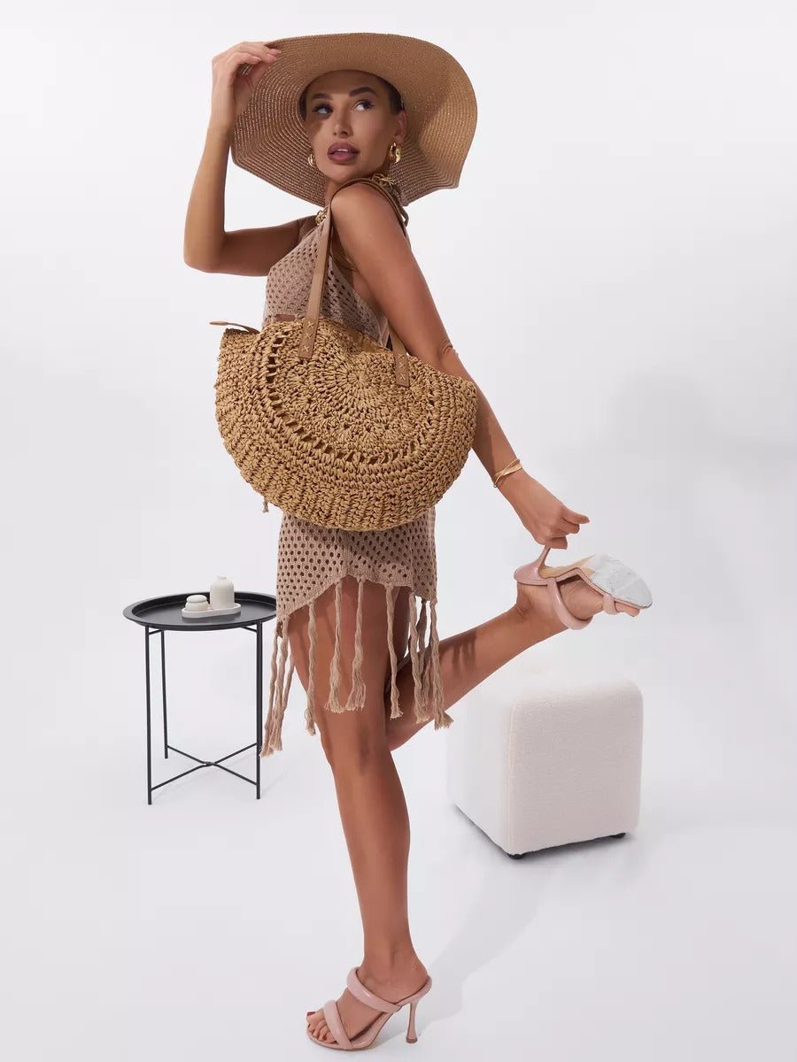 Sac de plage rond raphia, cabas plage bohème, grand sac d'été pour femme, tote - bag de vacances, modèle Gabriella - Sac de plage - Camel