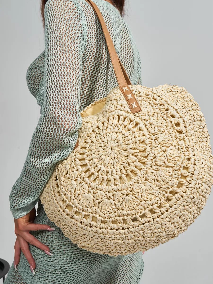 Sac de plage rond raphia, cabas plage bohème, grand sac d'été pour femme, tote - bag de vacances, modèle Gabriella - Sac de plage - Beige