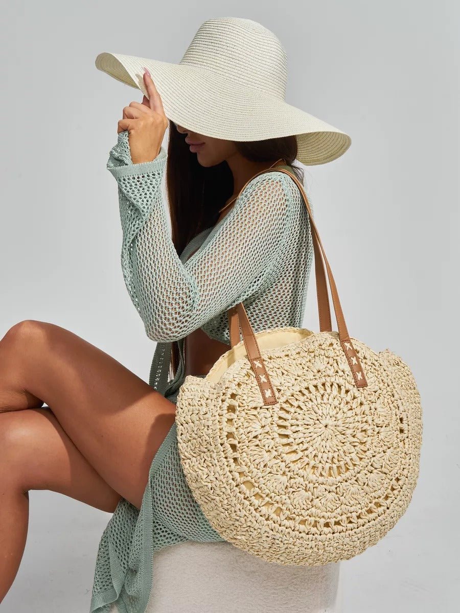 Sac de plage rond raphia, cabas plage bohème, grand sac d'été pour femme, tote - bag de vacances, modèle Gabriella - Sac de plage - Beige