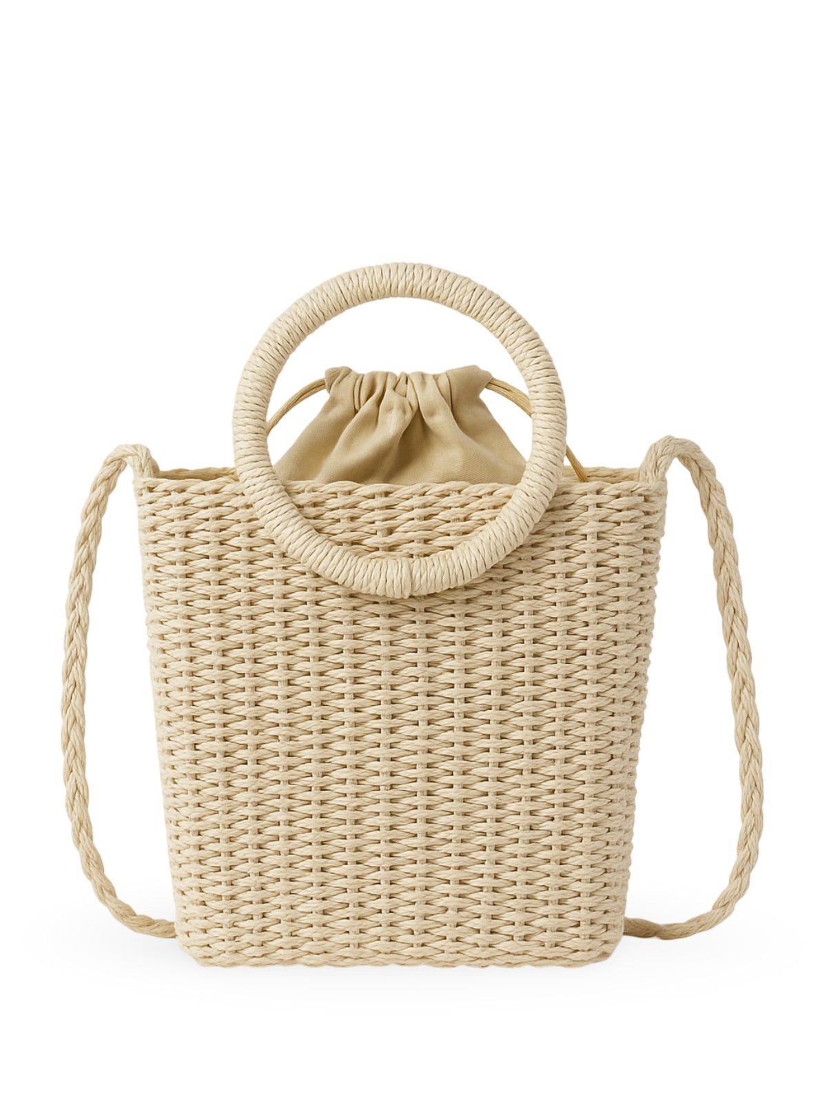 Sac de plage tressé, anse ronde, bandoulière longue, doublure coton, format compact, mini tote bag, modèle Paula - Sac de plage - Beige