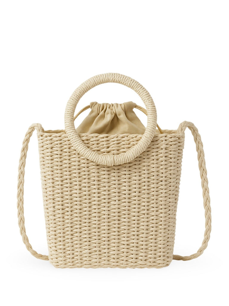 Sac de plage tressé, anse ronde, bandoulière longue, doublure coton, format compact, mini tote bag, modèle Paula - Sac de plage - Beige