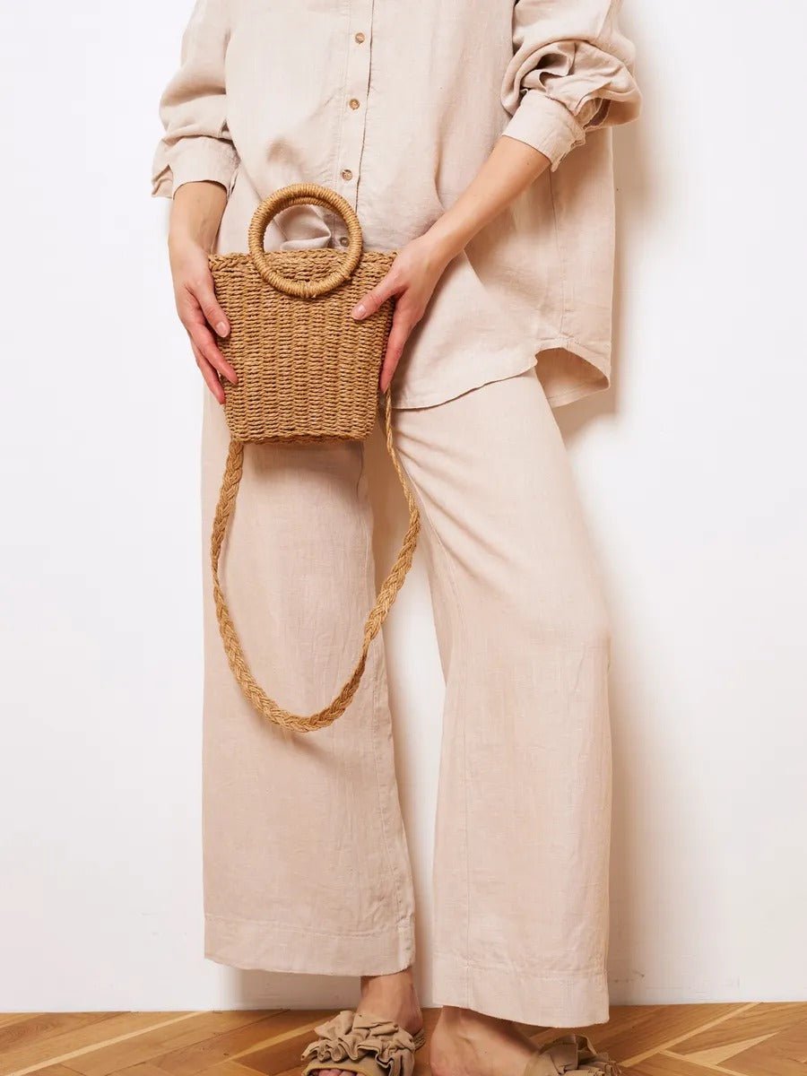 Sac de plage tressé, anse ronde, bandoulière longue, doublure coton, format compact, mini tote bag, modèle Paula - Sac de plage - Camel