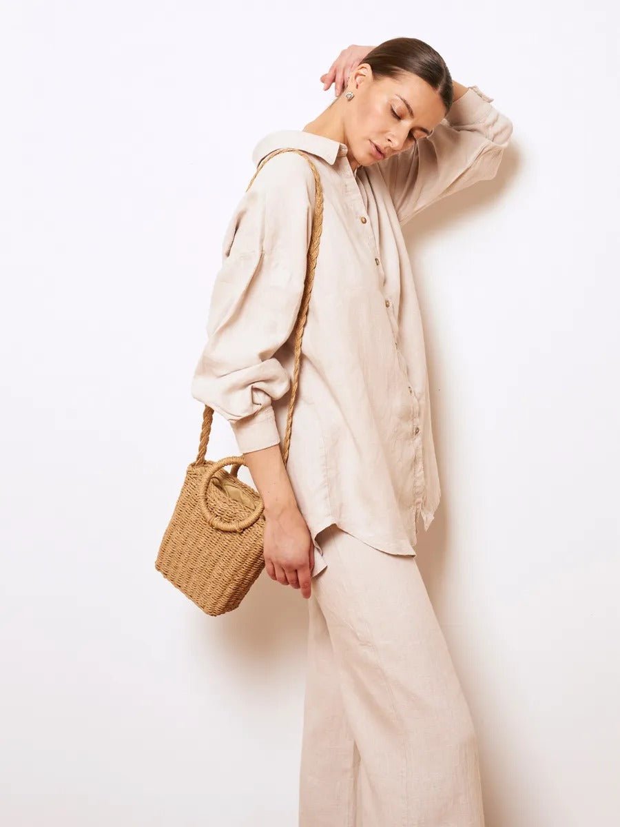 Sac de plage tressé, anse ronde, bandoulière longue, doublure coton, format compact, mini tote bag, modèle Paula - Sac de plage - Camel