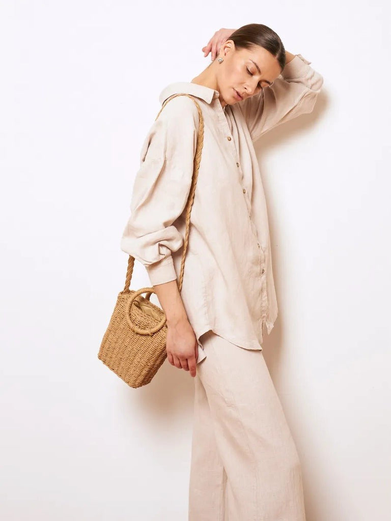 Sac de plage tressé, anse ronde, bandoulière longue, doublure coton, format compact, mini tote bag, modèle Paula - Sac de plage - Camel
