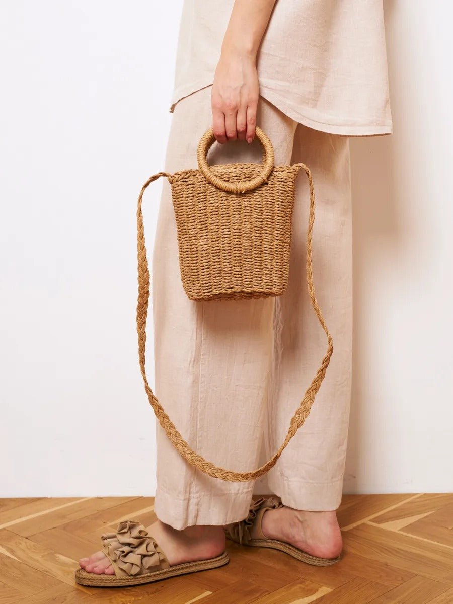 Sac de plage tressé, anse ronde, bandoulière longue, doublure coton, format compact, mini tote bag, modèle Paula - Sac de plage - Camel
