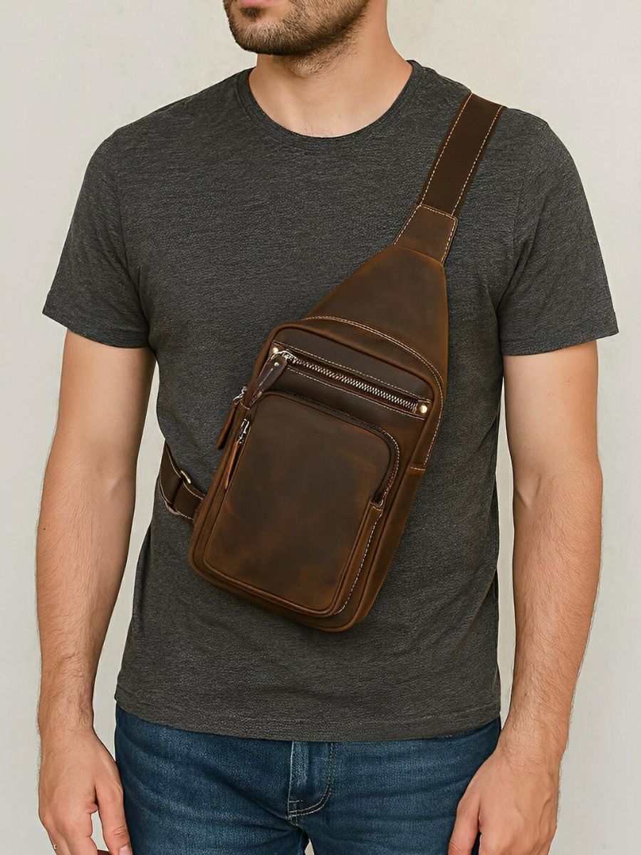 Sac de poitrine en cuir, grande capacité, pratique et tendance, modèle Desiderius - Sacoche - Café