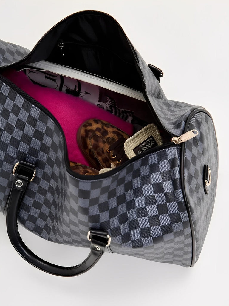 Sac de voyage damier gris, sac week end en simili vegan, sac cabine unisexe avec bandoulière, modèle Colette - Sac de voyage - Gris