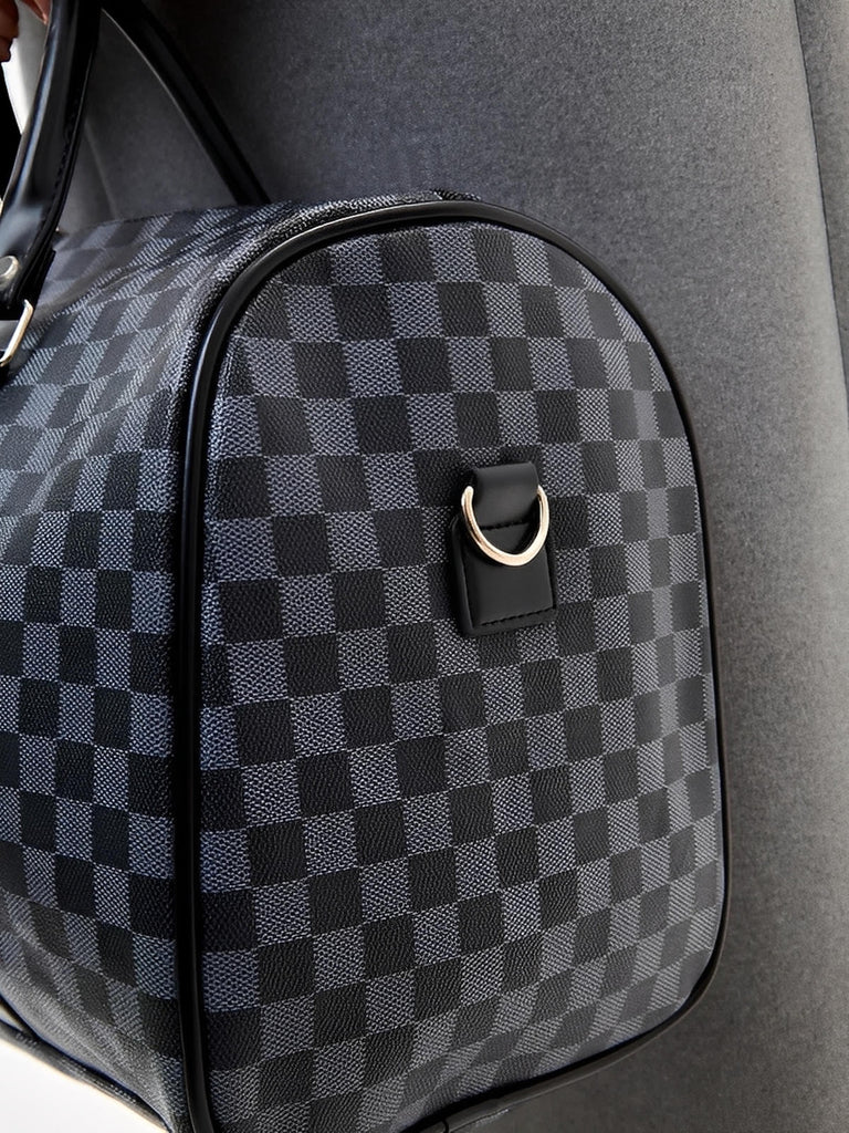 Sac de voyage damier gris, sac week end en simili vegan, sac cabine unisexe avec bandoulière, modèle Colette - Sac de voyage - Gris