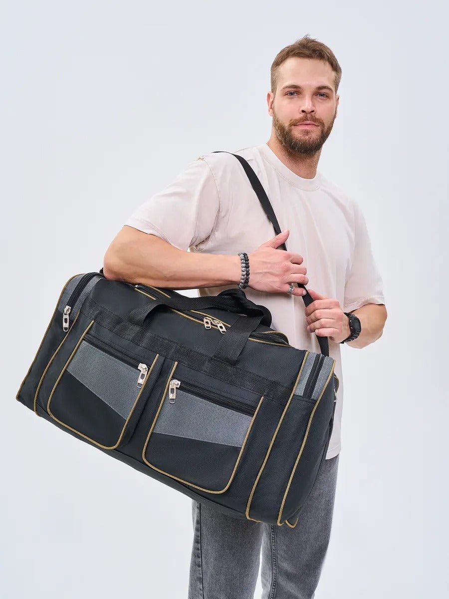 Sac de voyage homme, sac sport 60L, grand sac week - end, sac épaule résistant, sac compartiment chaussures, modèle Mauro - Sac de voyage - Noir et gris