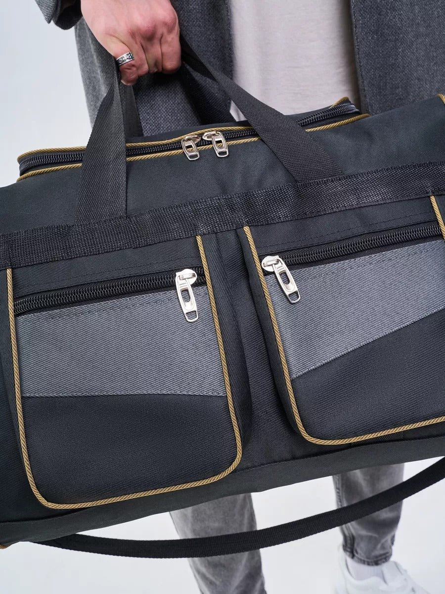 Sac de voyage homme, sac sport 60L, grand sac week - end, sac épaule résistant, sac compartiment chaussures, modèle Mauro - Sac de voyage - Noir et gris