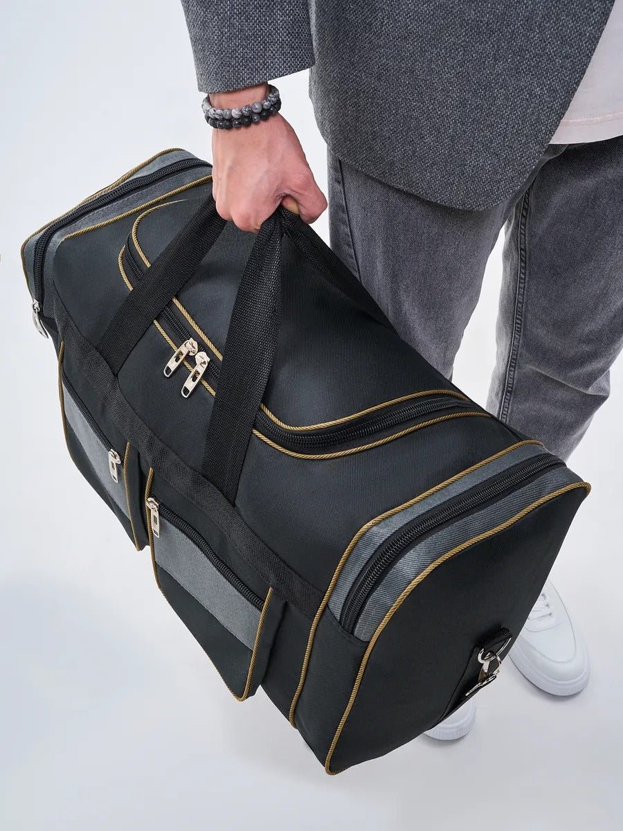 Sac de voyage homme, sac sport 60L, grand sac week - end, sac épaule résistant, sac compartiment chaussures, modèle Mauro - Sac de voyage - Noir et gris