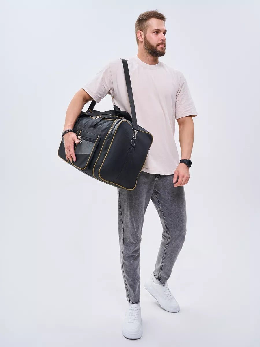 Sac de voyage homme, sac sport 60L, grand sac week - end, sac épaule résistant, sac compartiment chaussures, modèle Mauro - Sac de voyage - Noir et gris