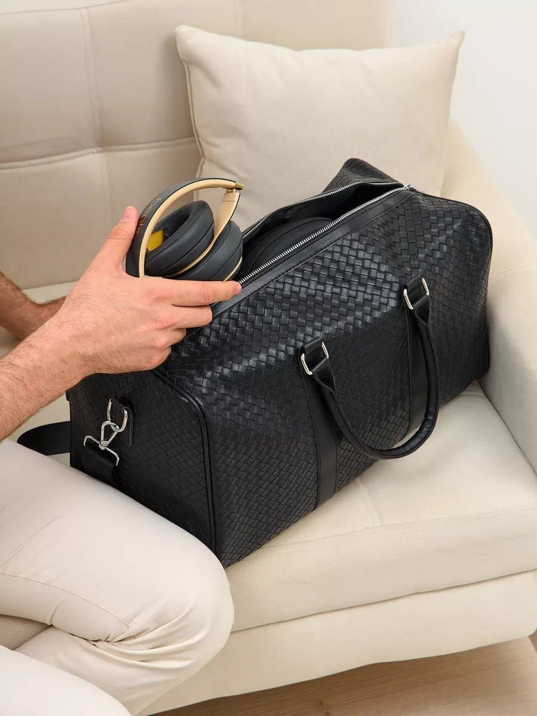 Sac de voyage mixte style luxe, sac de sport, sac week end, sac à main business, sac bandoulière noir tressé, vacances, modèle Zulma - Sac de voyage - Noir