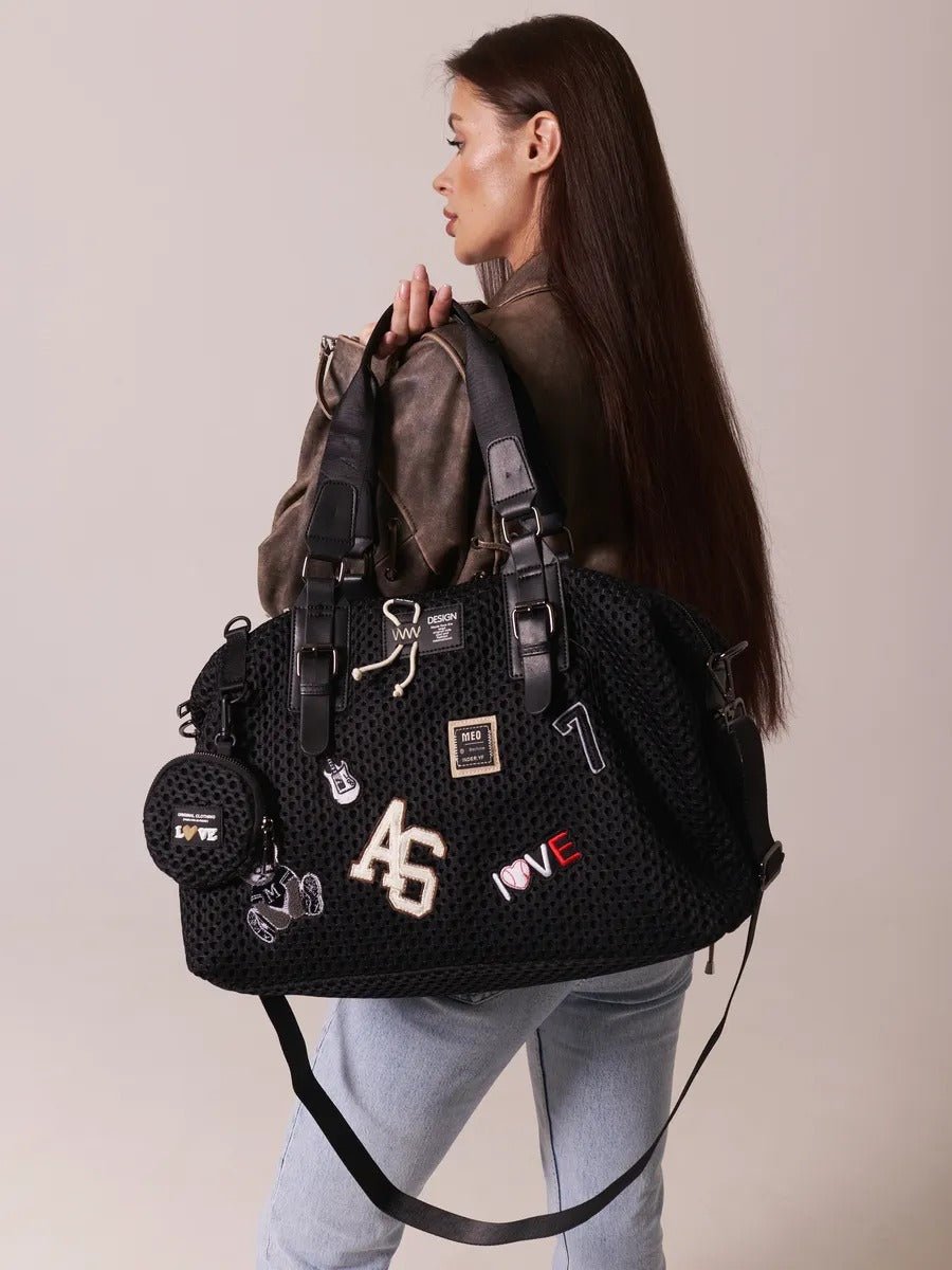 Sac de voyage noir, grand format, broderies décoratives, néoprène, porté épaule, avec patchs, femme, modèle Constantine - Sac de voyage - Noir