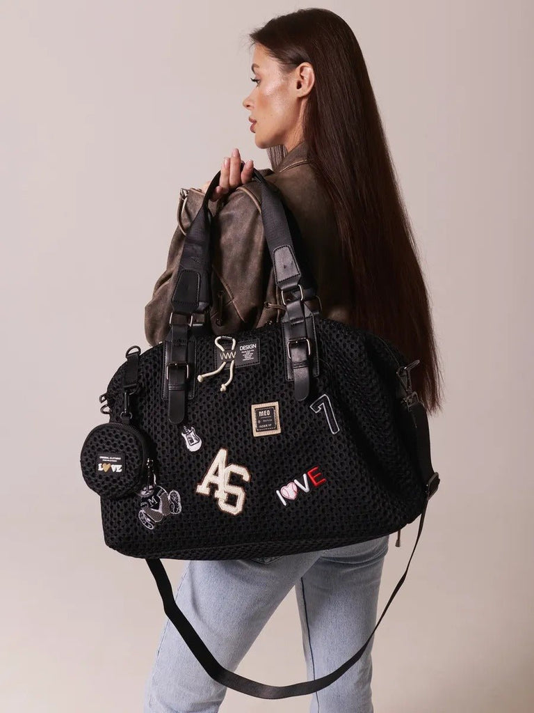 Sac de voyage noir, grand format, broderies décoratives, néoprène, porté épaule, avec patchs, femme, modèle Constantine - Sac de voyage - Noir