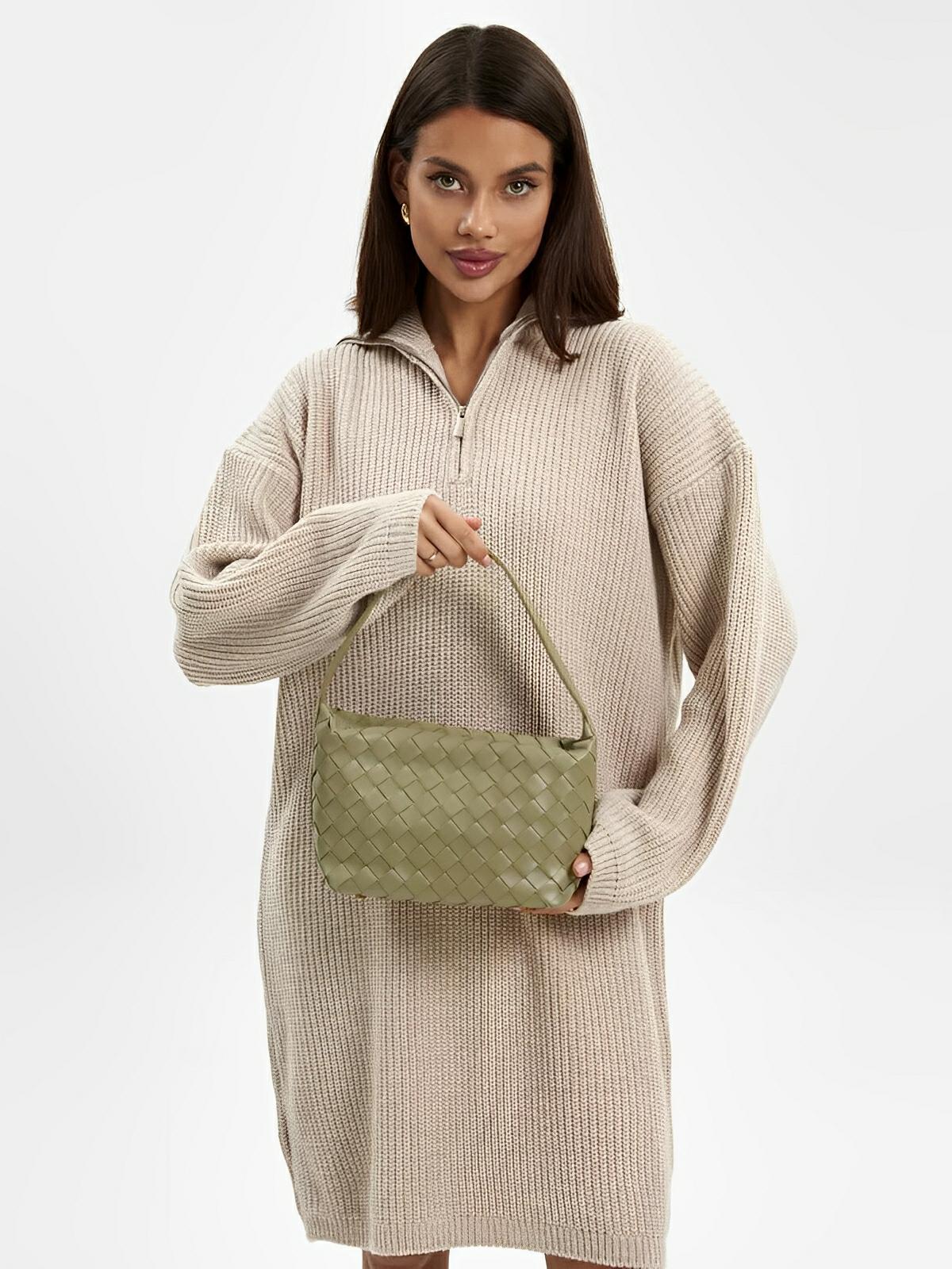 Sac en simili vegan tressé femme, sac baguette épaule et main, design luxe, format compact, tendance 2025, modèle Juliette - Sac à main - Taupe