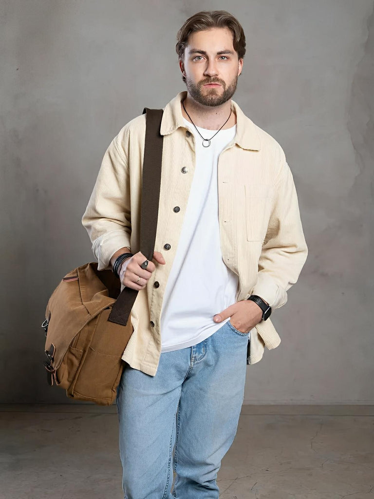 Sac messager en toile, au style rétro, poches multiples et fermeture sécurisée, modèle Donatien - Sac Bandoulière - Marron