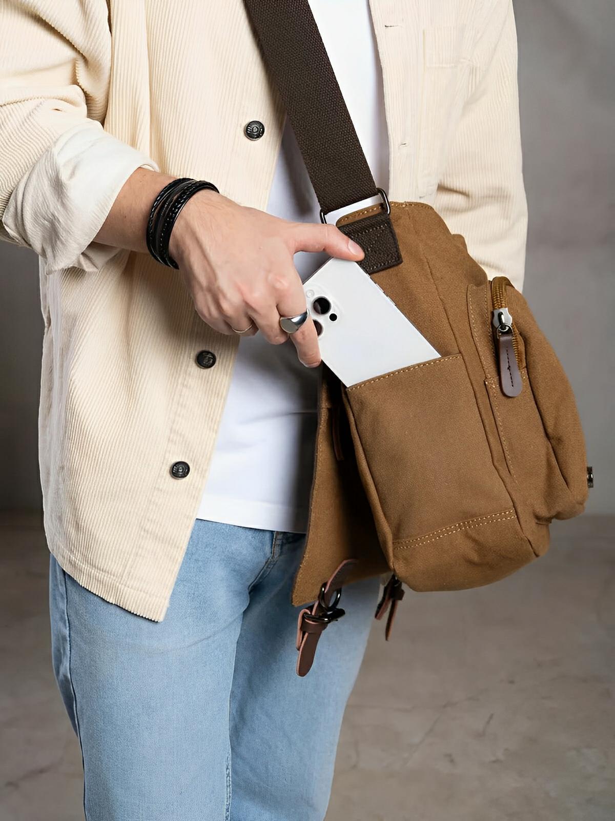 Sac messager en toile, au style rétro, poches multiples et fermeture sécurisée, modèle Donatien - Sac Bandoulière - Marron