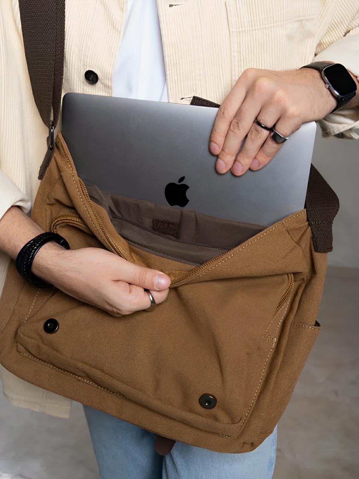 Sac messager en toile, au style rétro, poches multiples et fermeture sécurisée, modèle Donatien - Sac Bandoulière - Marron